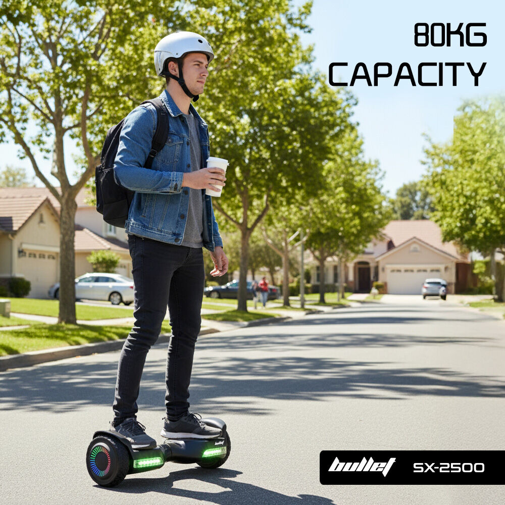 BULLET SX-2500 Hoverboard Scooter, 500W Brushless, UL Certified, AU Compliant, 6.5-inch Off-Road Style Tyres, Superior Self Balancing System, LED Lights, Black