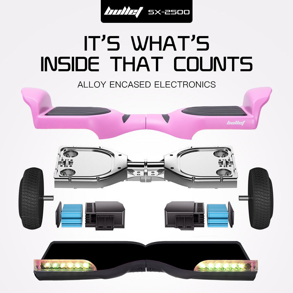 BULLET SX-2500 Hoverboard Scooter, 500W Brushless, UL Certified, AU Compliant, 6.5-inch Off-Road Style Tyres, Superior Self Balancing System, LED Lights, Pink