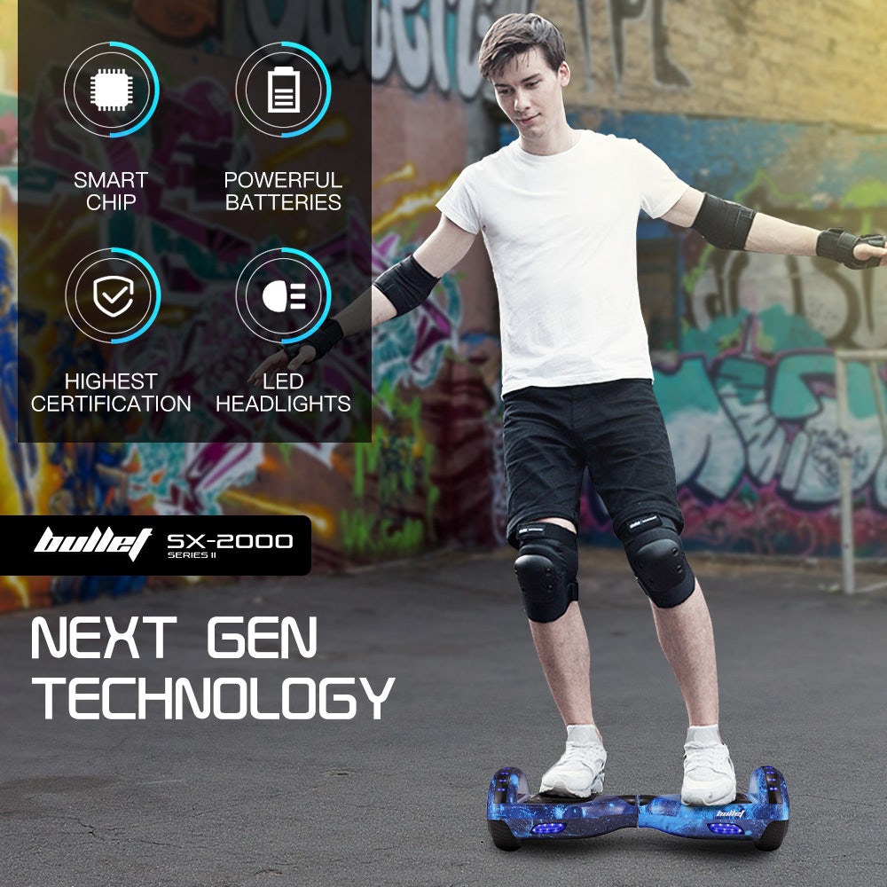 BULLET SX-2000 Hoverboard Scooter, 500W Brushless, Superior Self Balancing System, UL Certified, LED Lights, Blue Galaxy