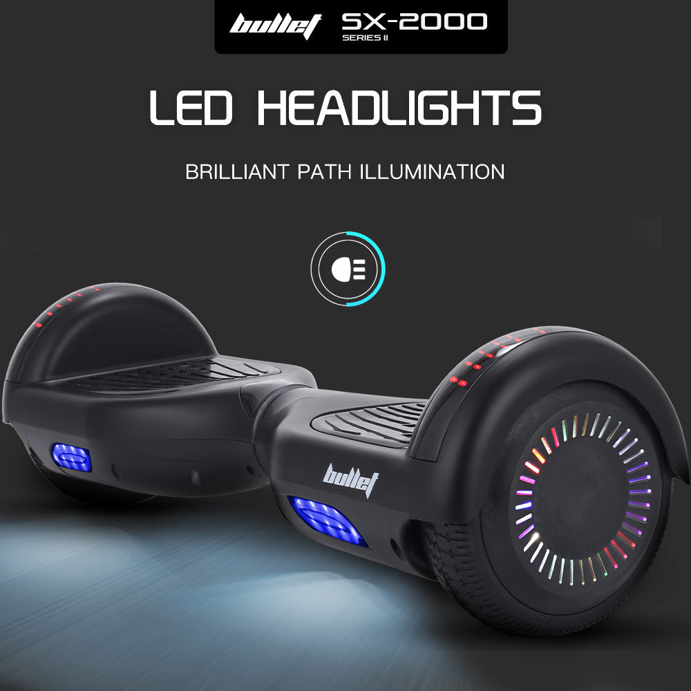 Bullet SX-2000 Hoverboard Scooter, 500W Brushless, Superior Self Balancing System, UL Certified, LED Lights, Black
