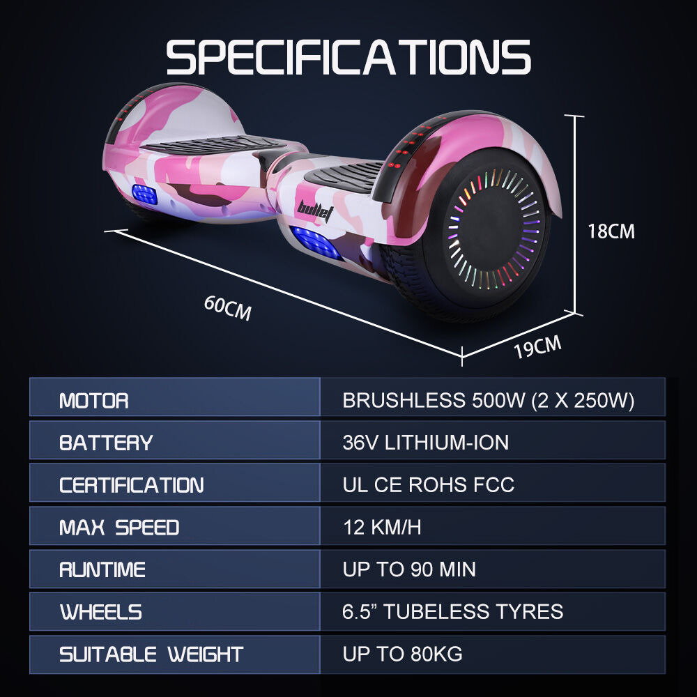BULLET SX-2000 Hoverboard Scooter, 500W Brushless, Superior Self Balancing System, UL Certified, LED Lights, Pink Camo