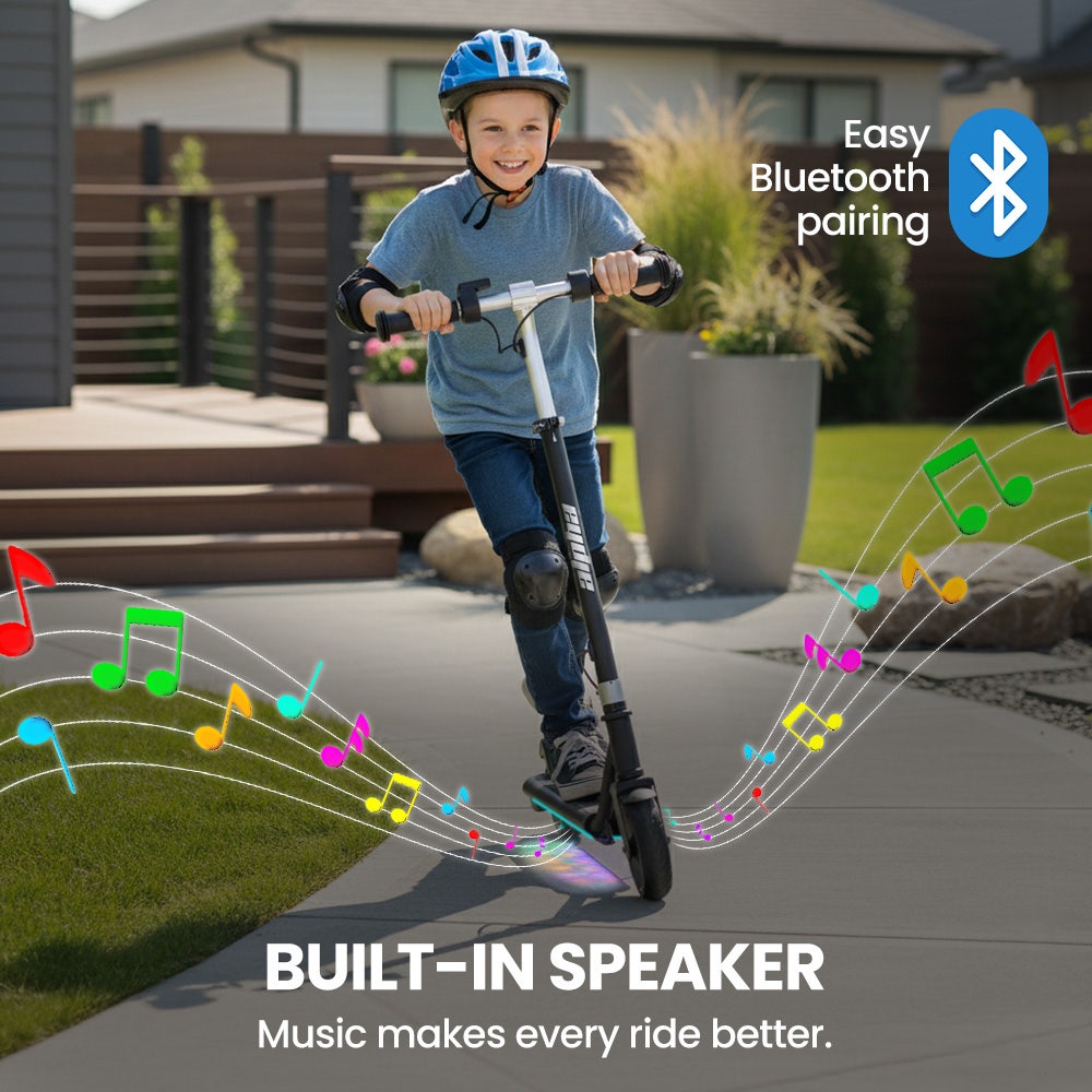 ALPHA Edge Electric Scooter, Kids & Teens, Adjustable Handlebars, 3 Speed Modes, Dual Foot E-Brake, Bluetooth Music, LED, Black