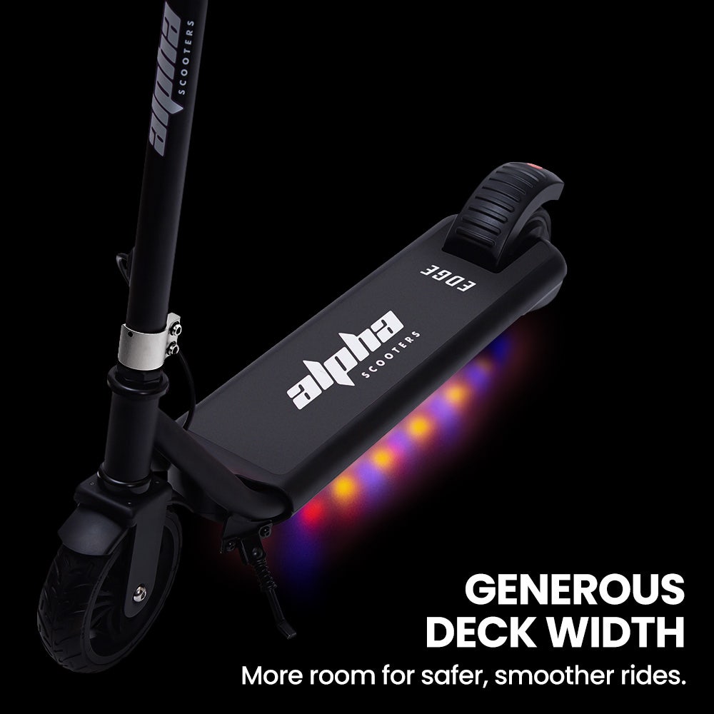 ALPHA Edge Electric Scooter, Kids & Teens, Adjustable Handlebars, 3 Speed Modes, Dual Foot E-Brake, Bluetooth Music, LED, Black