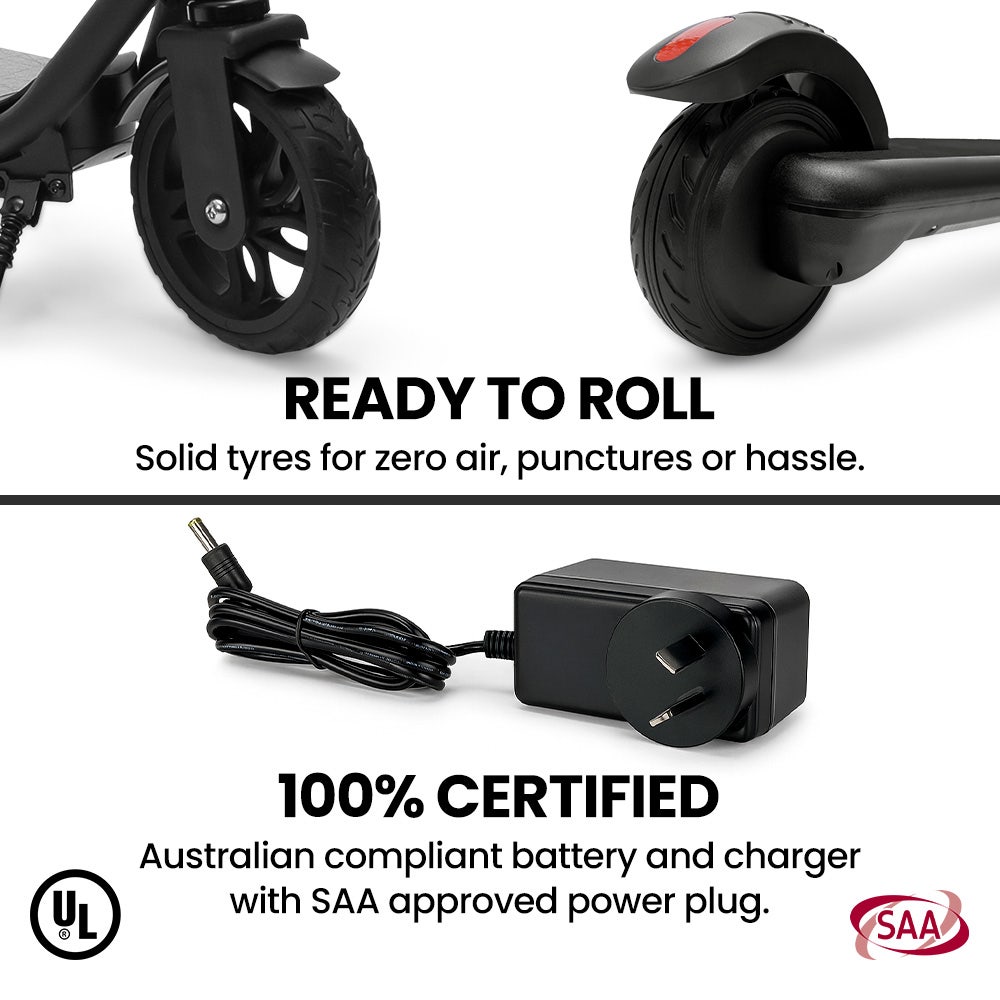 ALPHA Edge Electric Scooter, Kids & Teens, Adjustable Handlebars, 3 Speed Modes, Dual Foot E-Brake, Bluetooth Music, LED, Black