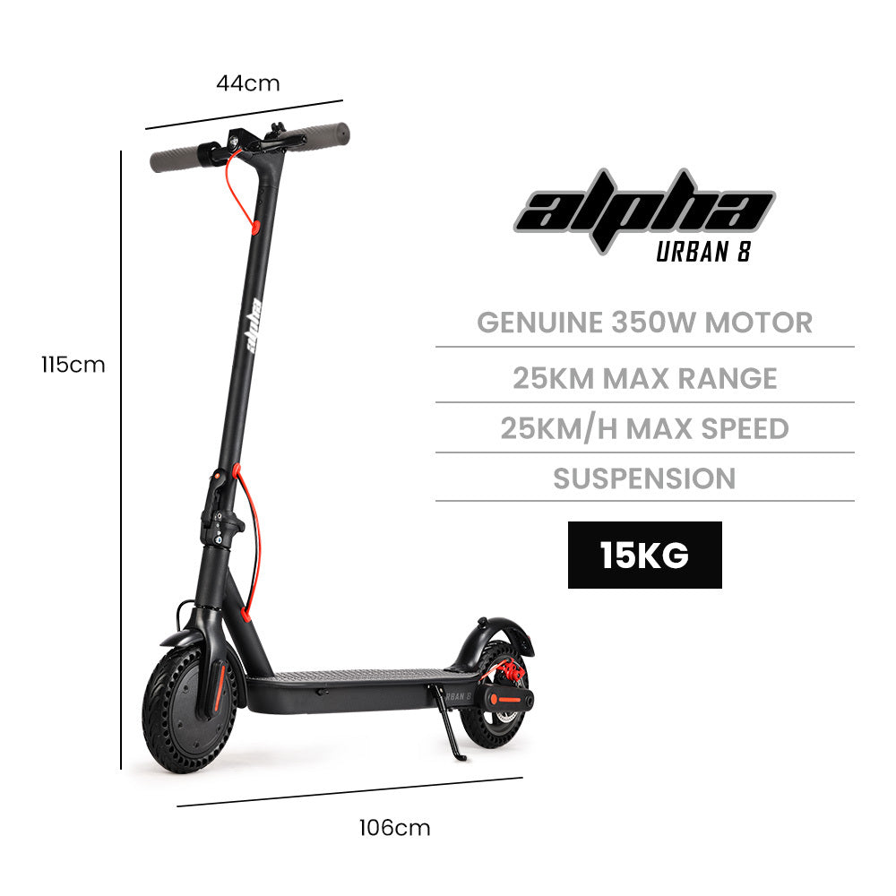 ALPHA Urban 8 Electric Scooter, Suspension, 25km Range, 8.5-Inch Wheels, Brushless Motor, Motorised Commuter eScooter for Adults, Black