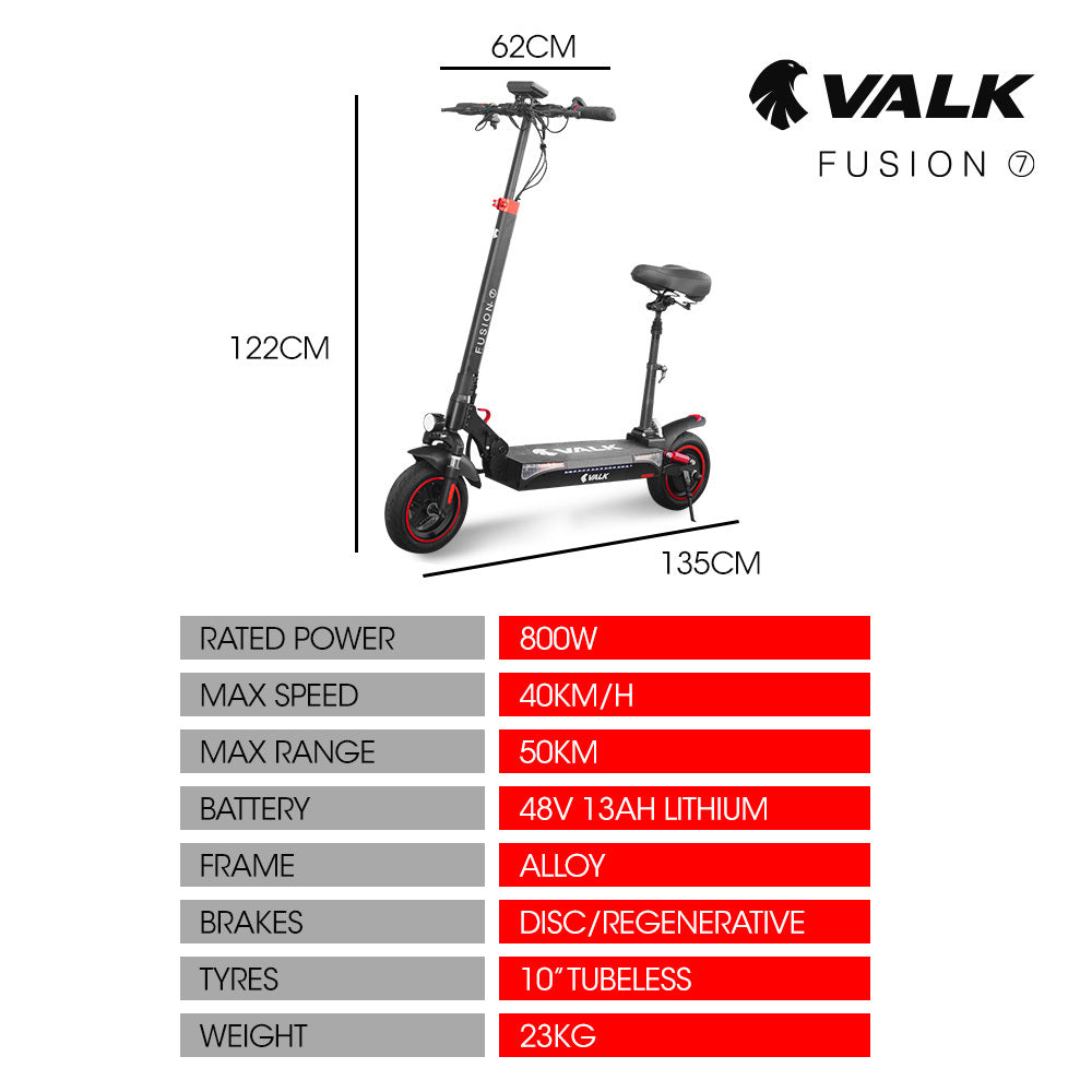 VALK Fusion 7 Electric Scooter with Seat option 800W 48V 13Ah Lithium 50km Range Quad Shocks 10 inch Tyres