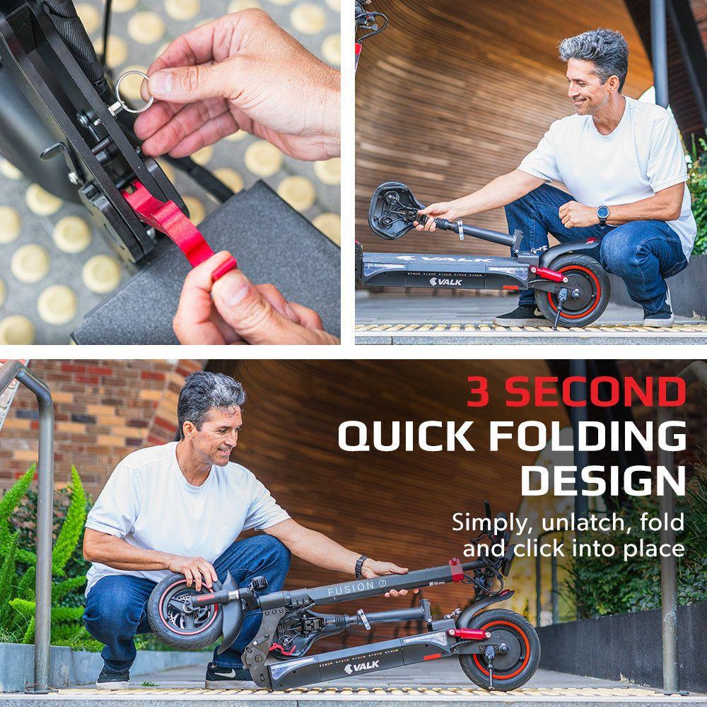 VALK Fusion 7 Electric Scooter with Seat option 800W 48V 13Ah Lithium 50km Range Quad Shocks 10 inch Tyres