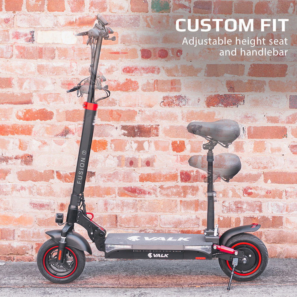 VALK Fusion 7 Electric Scooter with Seat option 800W 48V 13Ah Lithium 50km Range Quad Shocks 10 inch Tyres