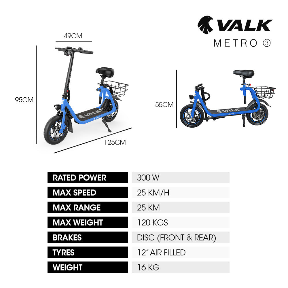 VALK Electric Scooter with Seat, Disc brakes, 12" Tyres, Motorised eScooter for Adults Teens Commuter, Blue