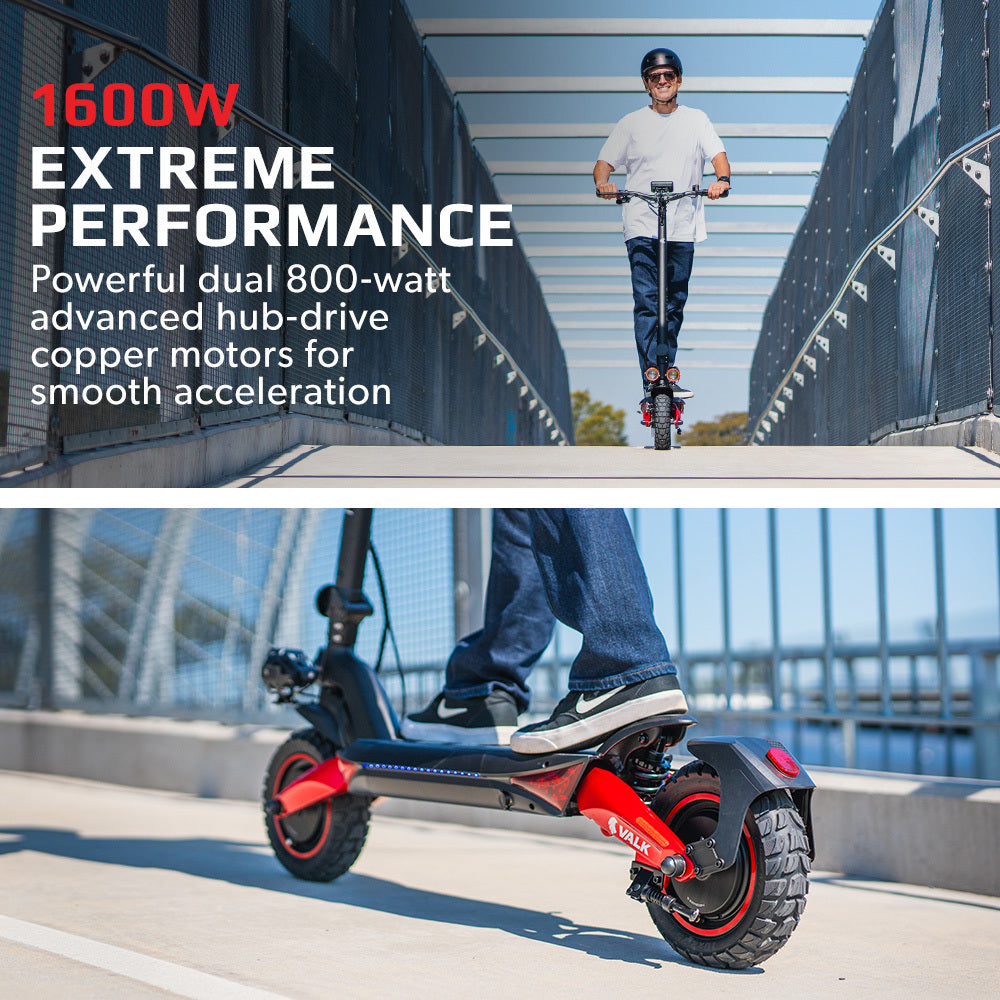 VALK Primal 9 Dual Motor 1600W Extreme Hill Climbing Electric e-Scooter, Black/Red