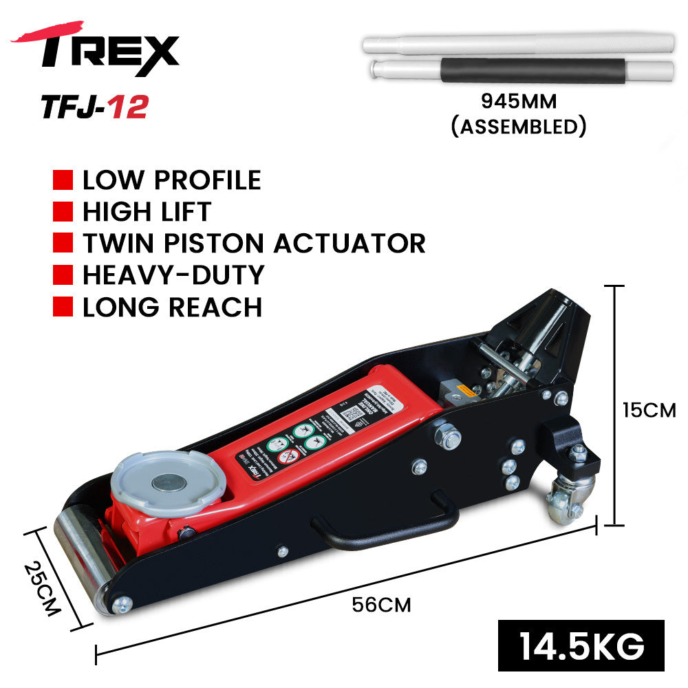 T-REX 1200KG Hydraulic Trolley Floor Jack, Low Profile, Dual Pump, Quick Release Handle, for Jacking Car