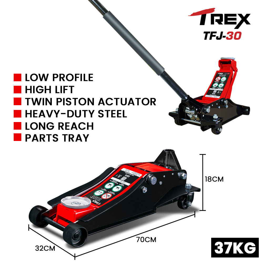 T-REX 3000KG Hydraulic Trolley Floor Jack, High Lift, Dual Pump, Quick Release Handle