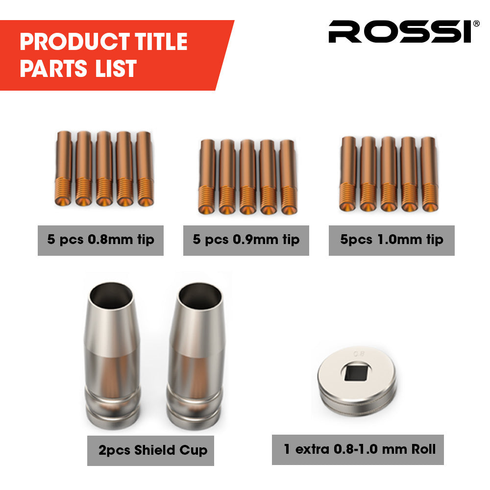 Rossi 18pc Welding Consumables Kit to Suit MIG/MAG 14-15AK Torch, Includes Tips, Shield Cups