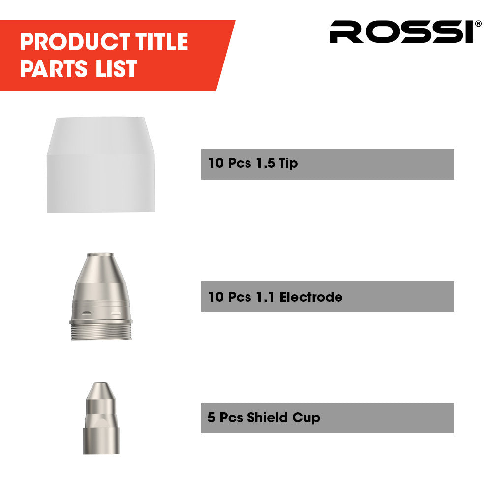 ROSSI 25pc Consumables Kit to Suit P-80 Plasma Cutter Torch, Includes Tips, Electrodes