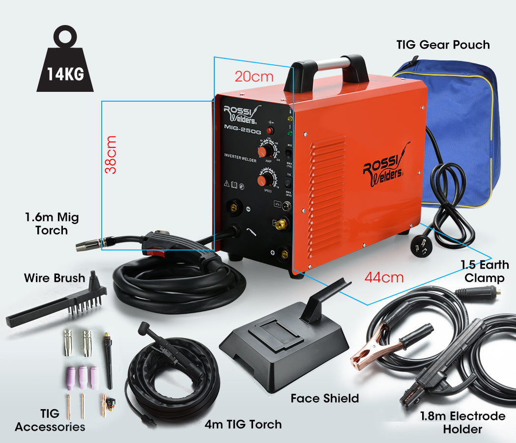 ROSSI 250Amp MAG MIG TIG MMA Welder, 4in1 Stick GMAW ARC Gas Gasless Inverter Welding Machine, 15A Plug