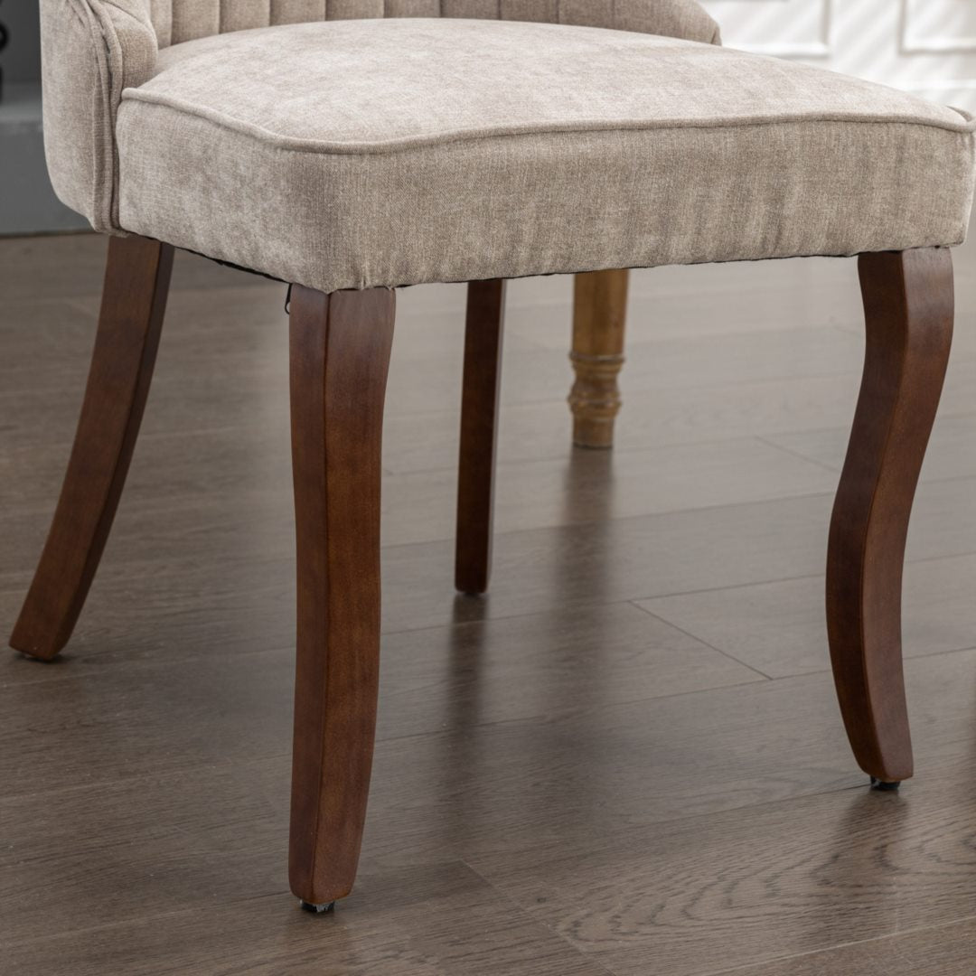 2x Fabric Channel Tufted Dining Chairs with Curved Wood Legs -Beige