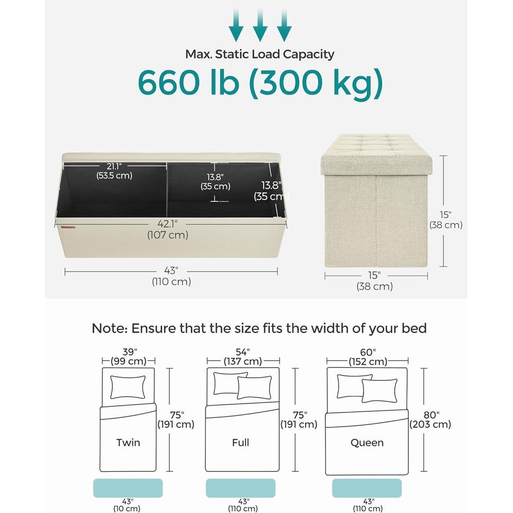 SONGMICS 109cm Folding Storage Ottoman Bench Beige