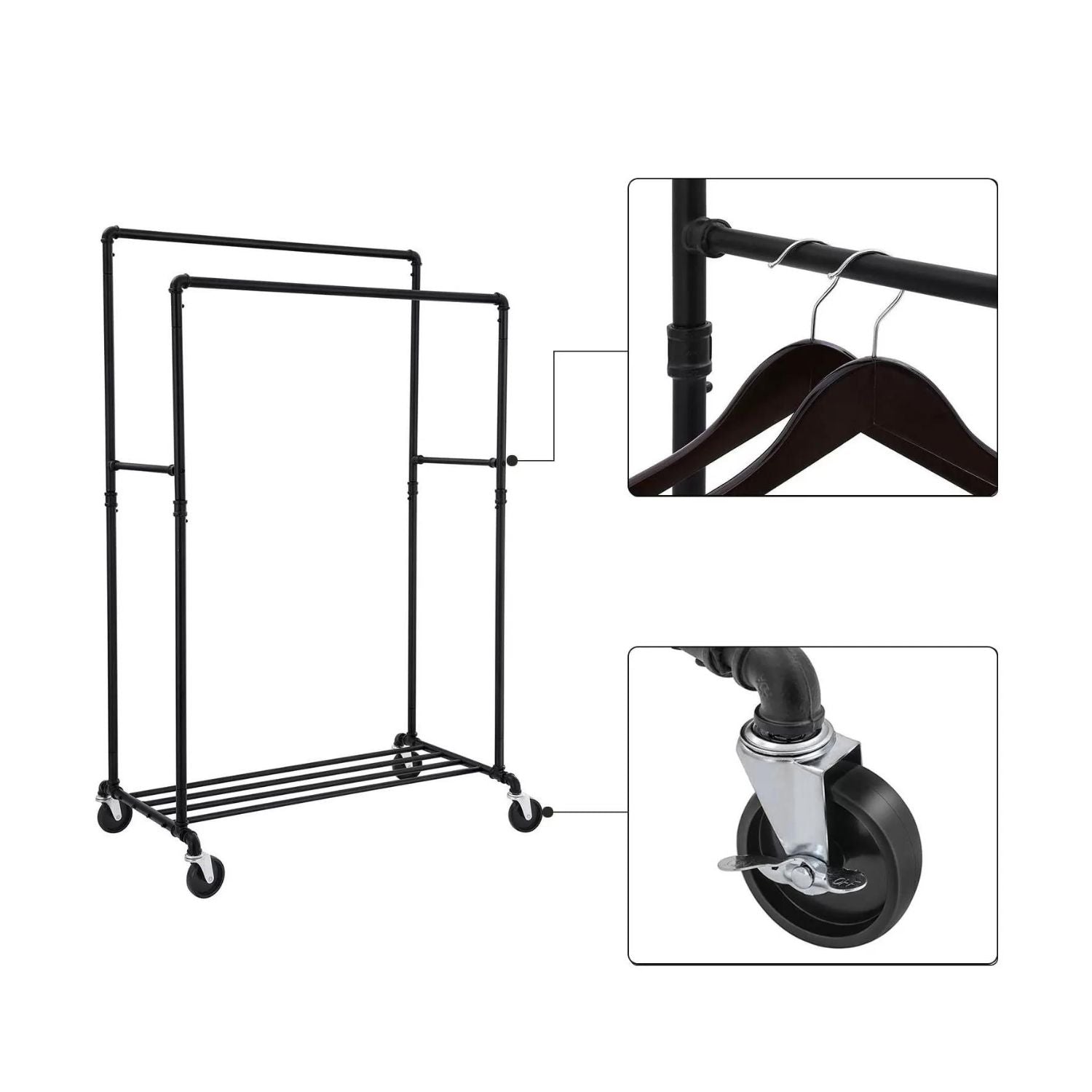 SONGMICS Industrial Pipe Clothes Rack on Wheels with Hanging Rack Organizer Black