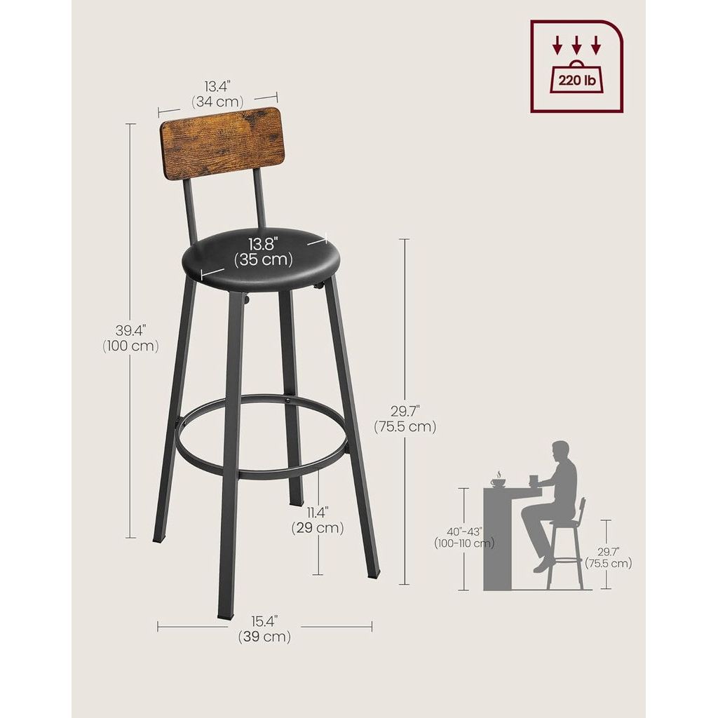 VASAGLE Set of 2 Bar Stools with Footrest PU Cover Vintage Brown Black