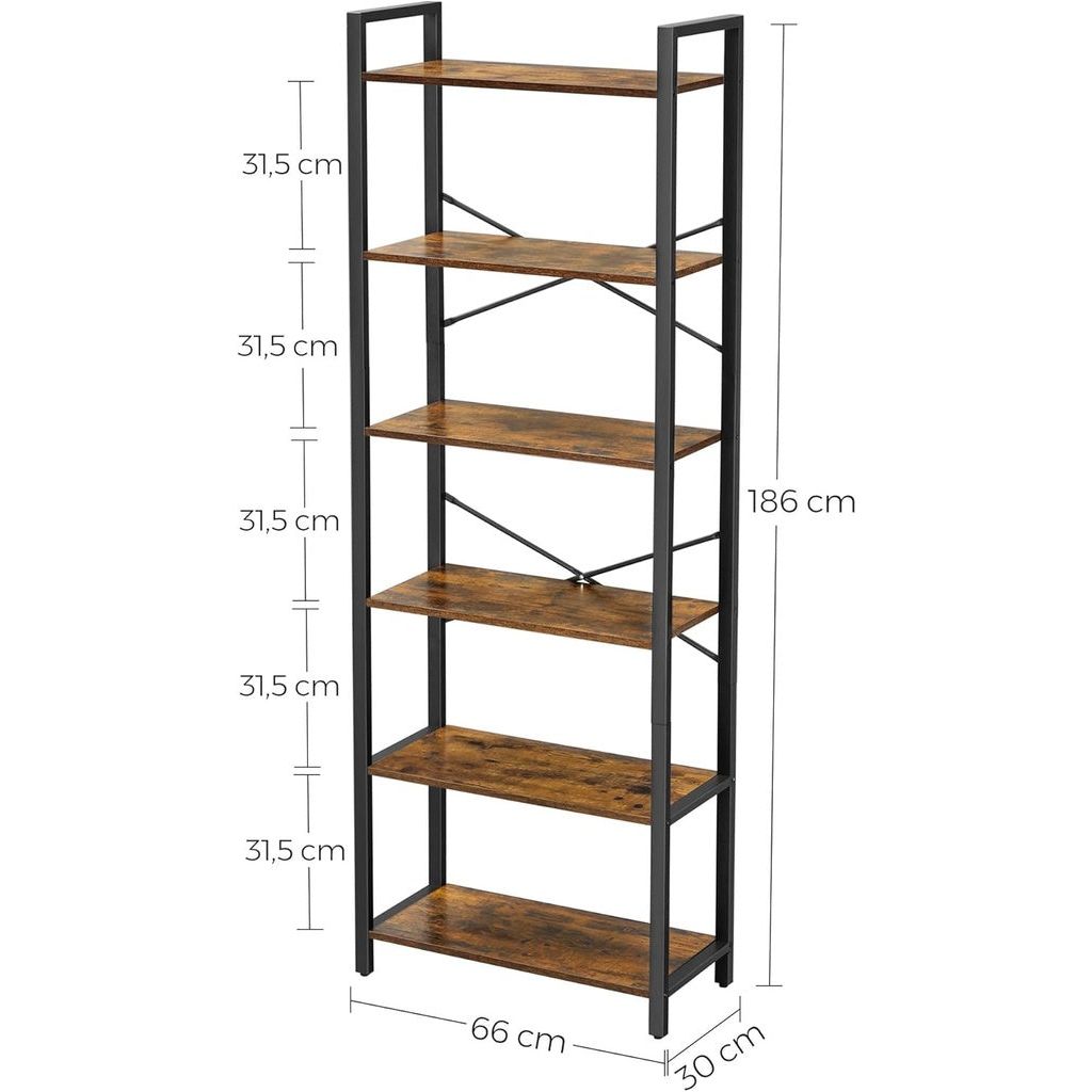 VASAGLE 6-Tier Bookcase Storage Shelf Industrial Design Vintage Brown Black