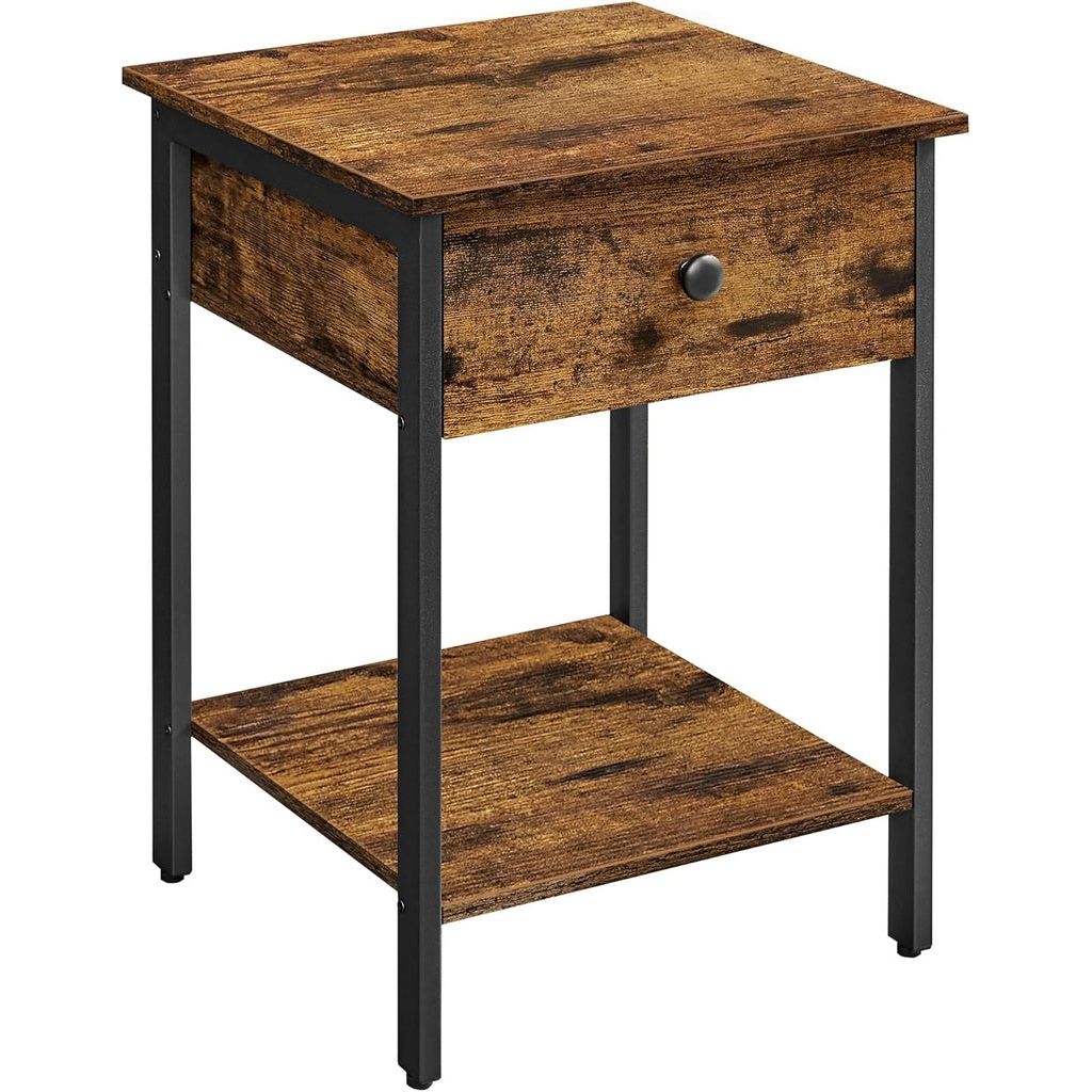 VASAGLE End Table with Drawer and Shelf Rustic Brown and Black