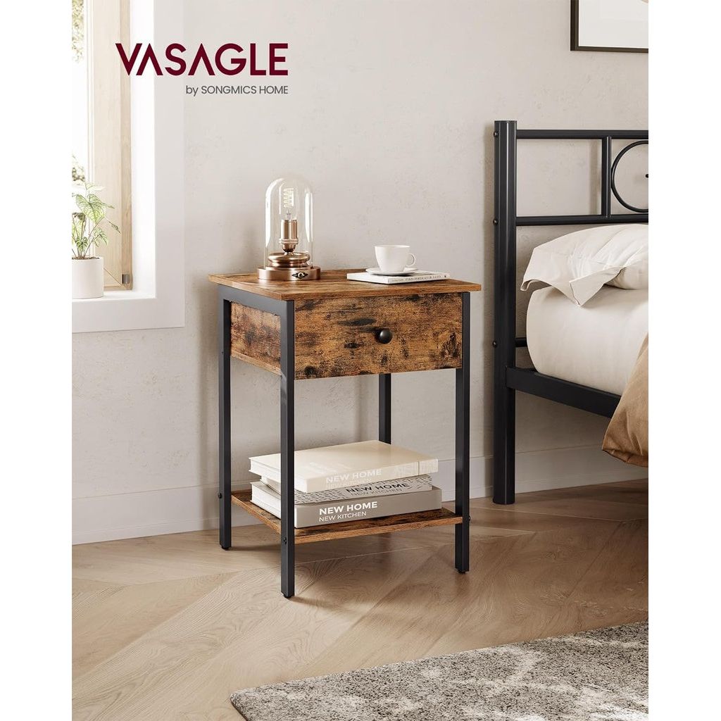 VASAGLE End Table with Drawer and Shelf Rustic Brown and Black