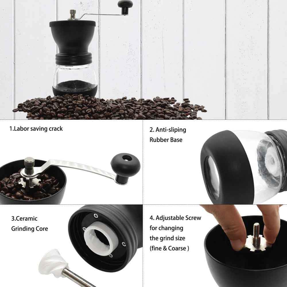 Coffee Bean Grinder - Manual Hand Stainless Ceramic Burr Core Glass Jar Nut Mill