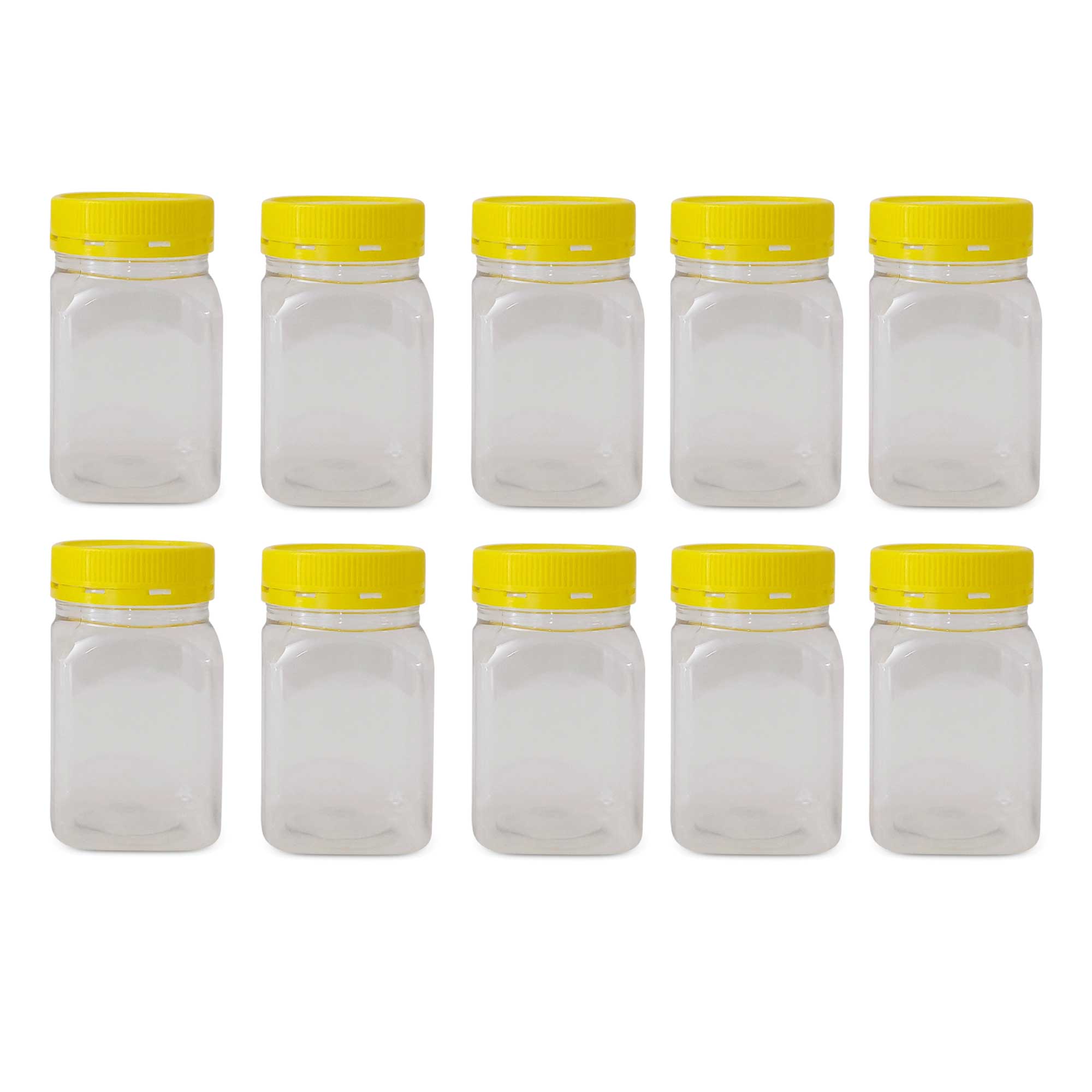 10x 500g Plastic Honey Jars + Lids - Square Clear Food Grade Packaging Containers