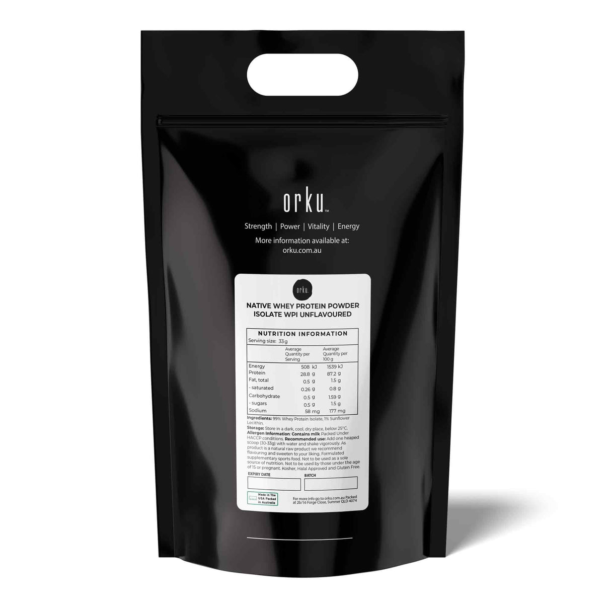 Orku 20Kg WPI Whey Protein Isolate Powder - Unflavoured Native Bag Bulk