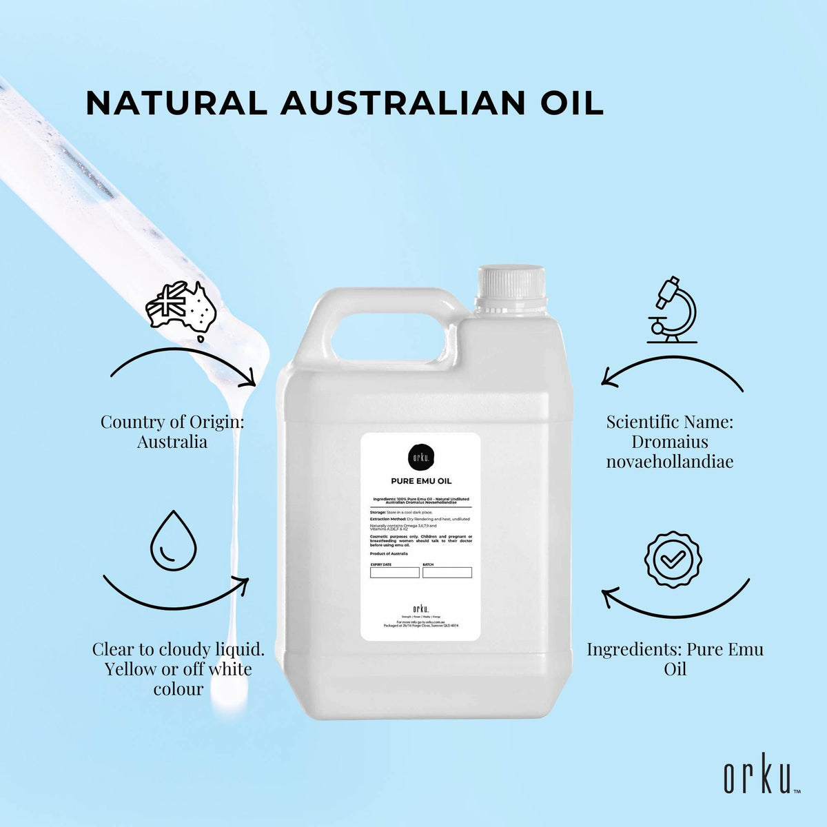 Orku 5L Pure Emu Oil - Natural Undiluted Australian Dromaius Novaehollandiae