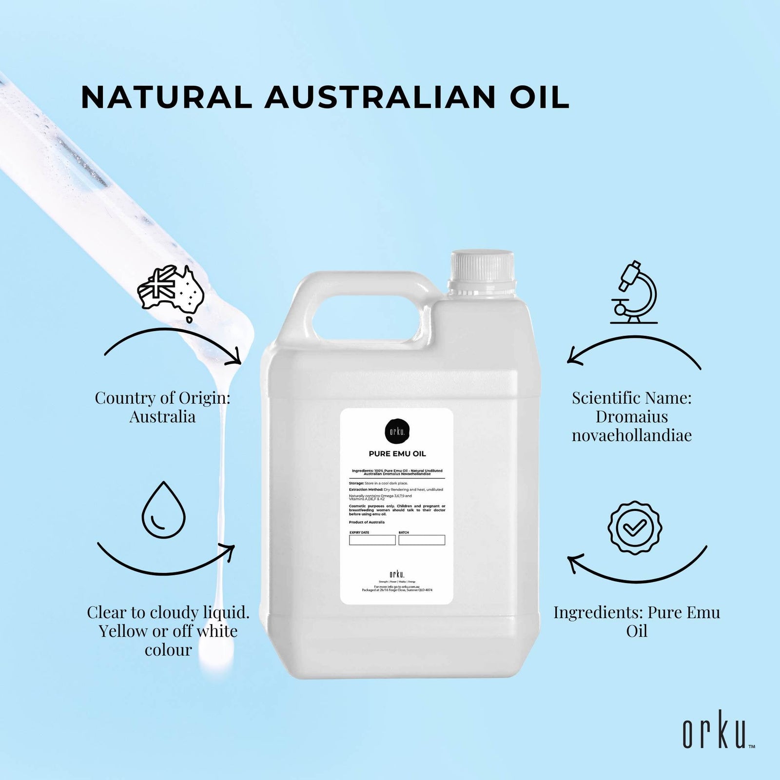 Orku 5L Pure Emu Oil - Natural Undiluted Australian Dromaius Novaehollandiae