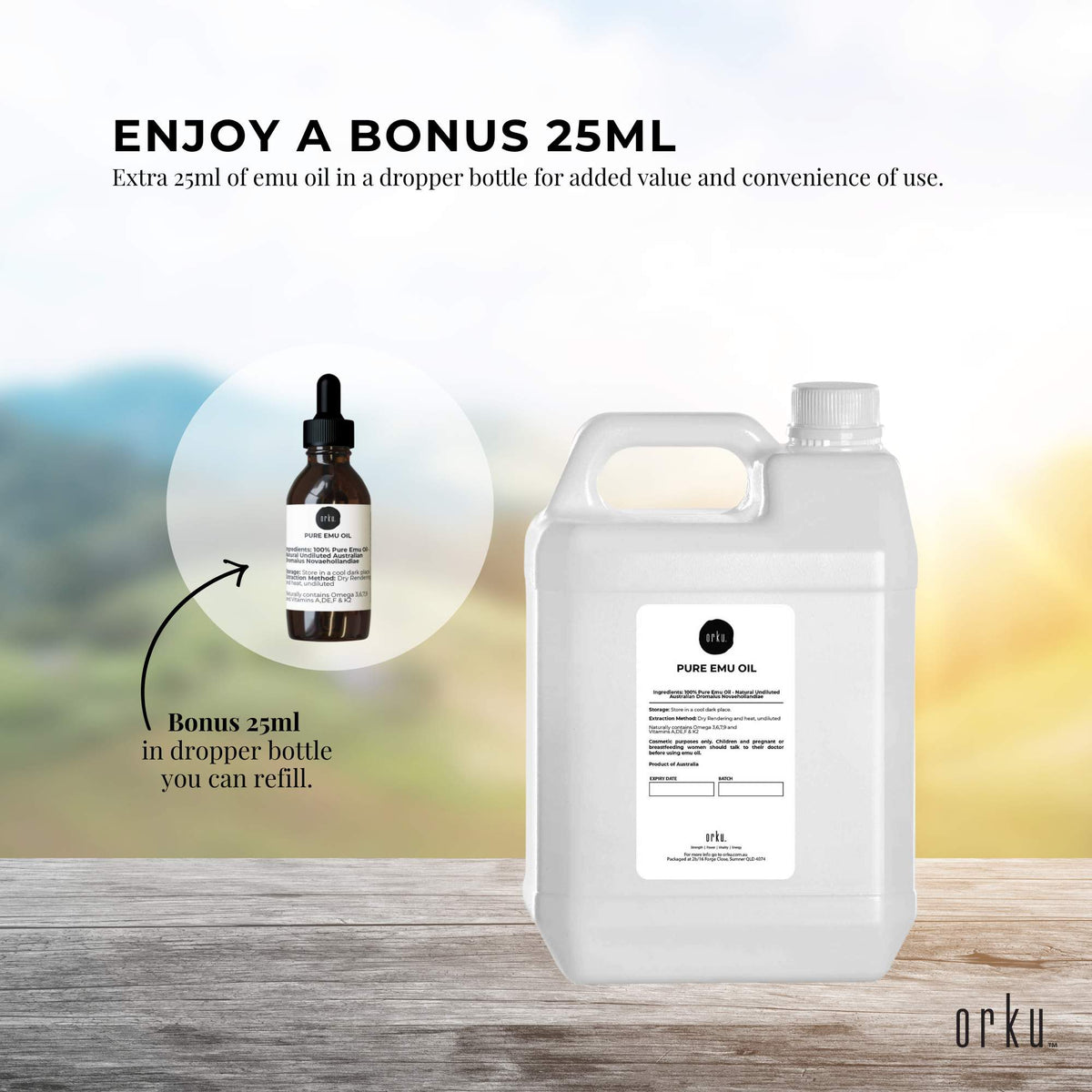 Orku 5L Pure Emu Oil + Bonus 25ml Bottle - Australian Dromaius Novaehollandiae