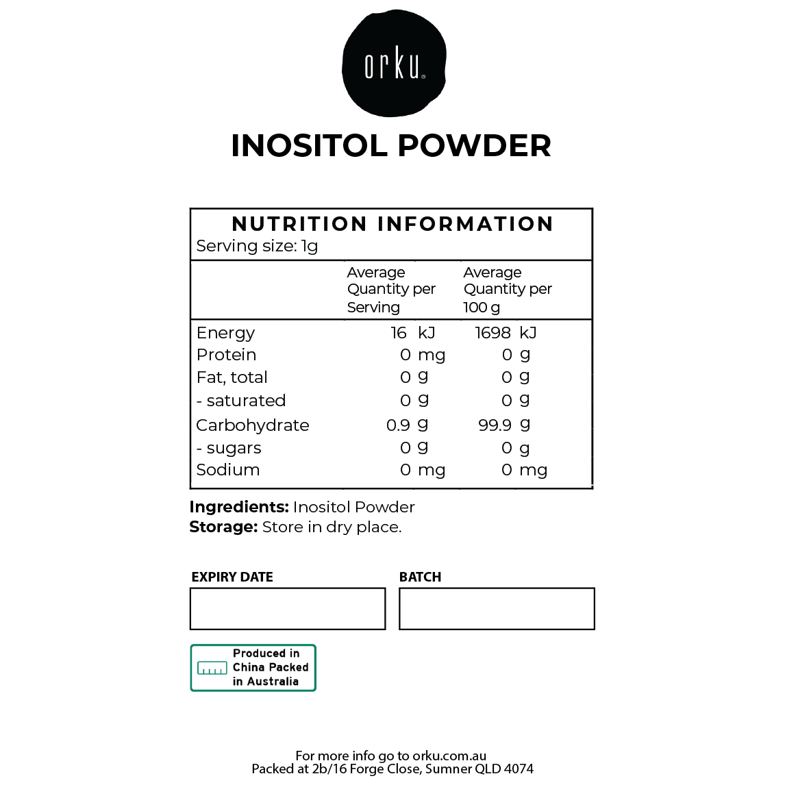 Orku 1kg Myo Inositol Powder - Pharmaceutical-Grade Pure Unflavoured Supplement