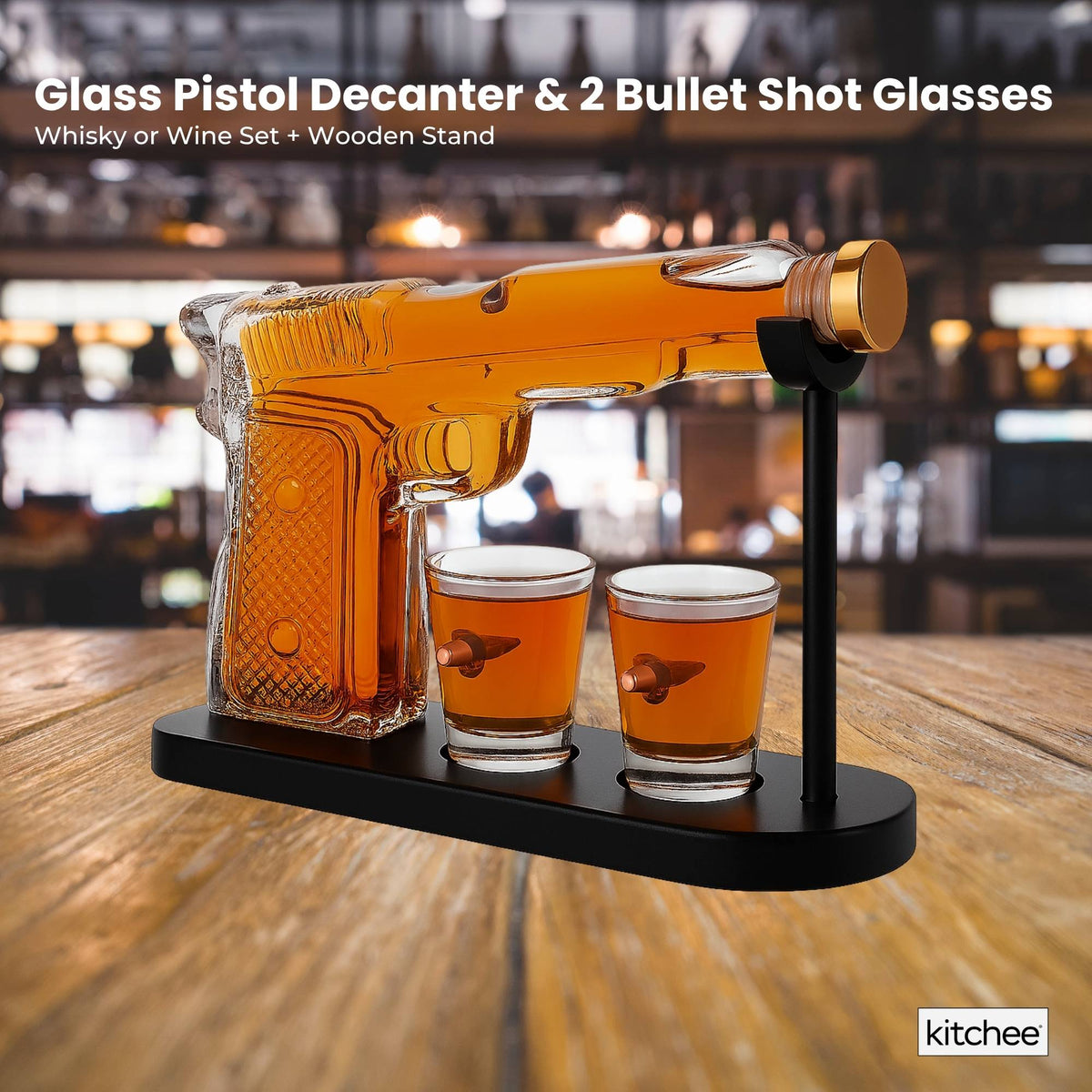 1.2L Whisky or Wine Decanter Glass Pistol Set - 2 Shot Glasses + Wooden Stand