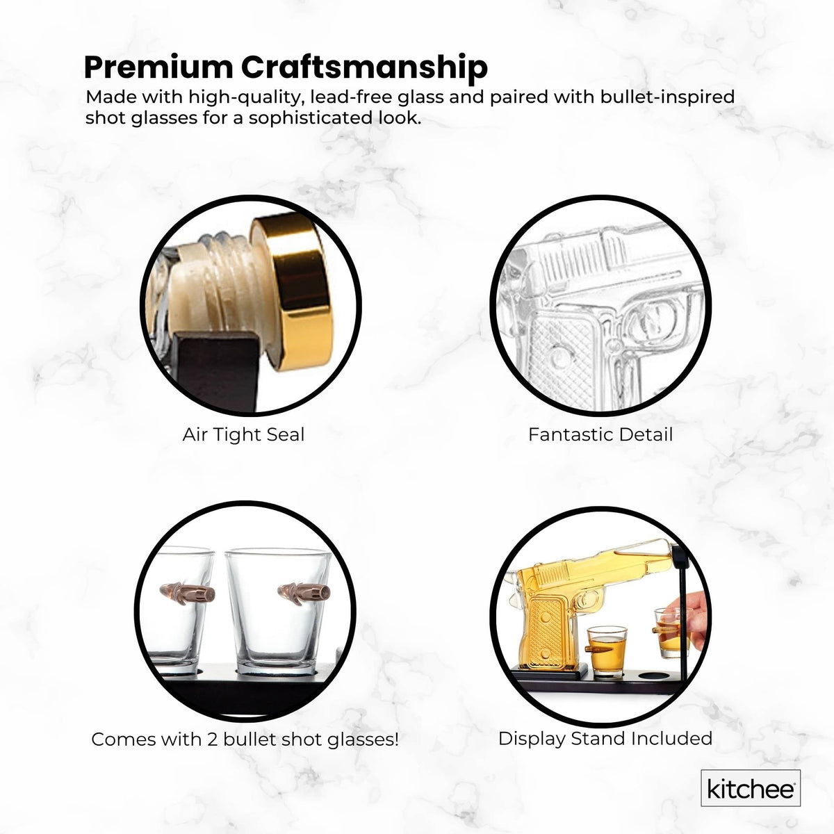 1.2L Whisky or Wine Decanter Glass Pistol Set - 2 Shot Glasses + Wooden Stand