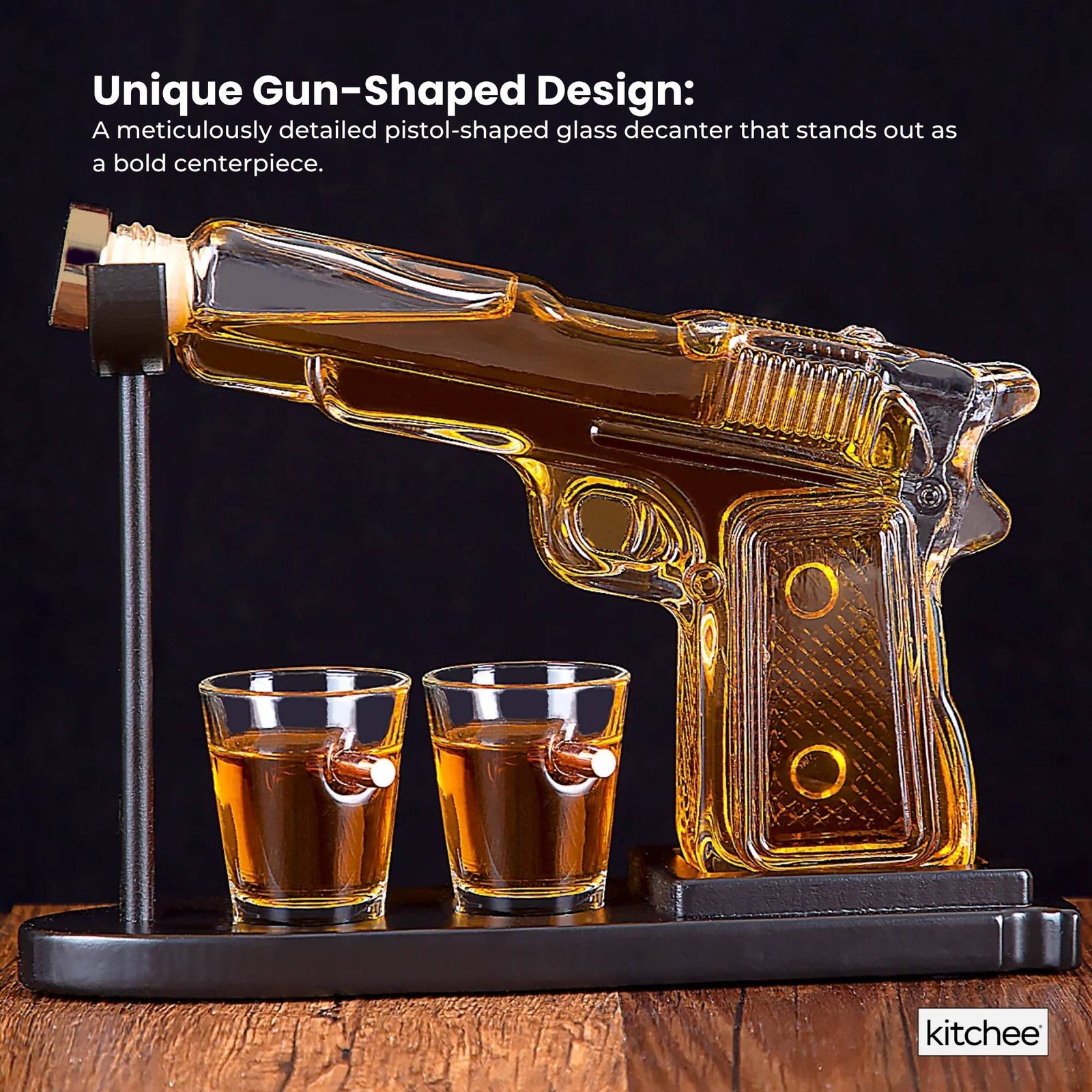 1.2L Whisky or Wine Decanter Glass Pistol Set - 2 Shot Glasses + Wooden Stand