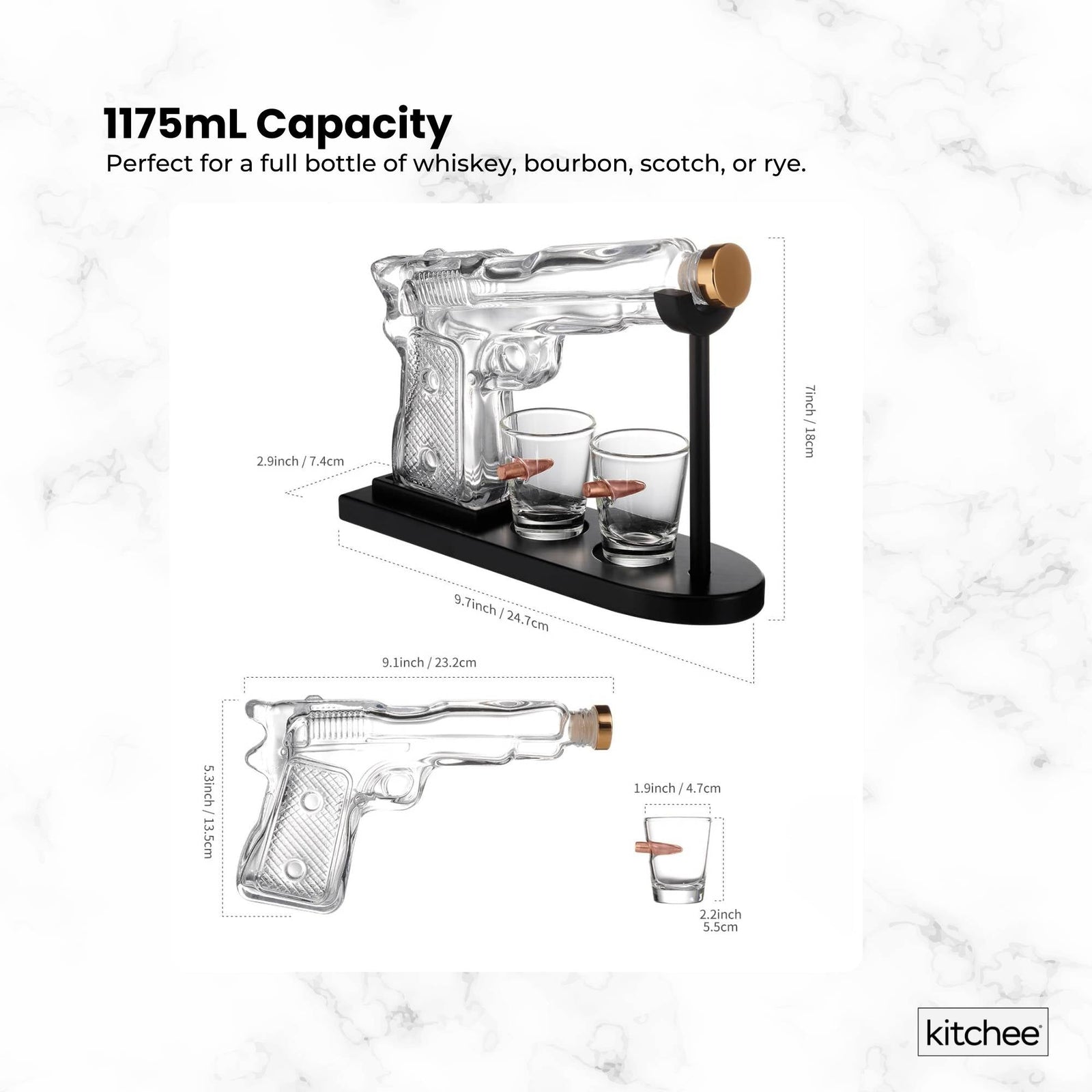1.2L Whisky or Wine Decanter Glass Pistol Set - 2 Shot Glasses + Wooden Stand