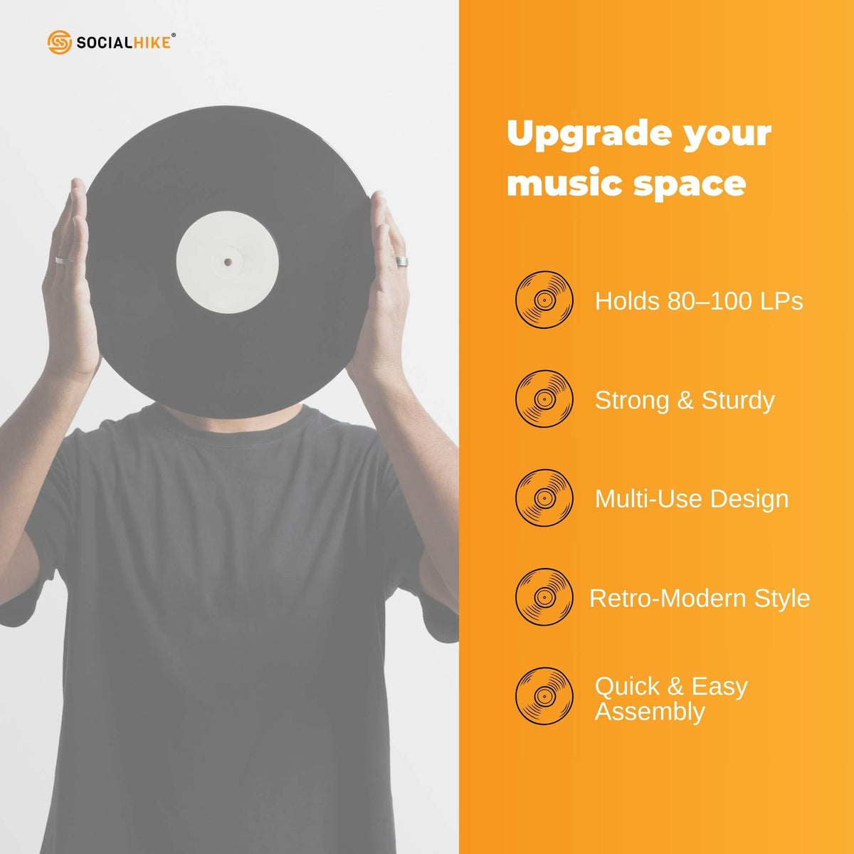 Social Hike Turntable Player Stand & Vinyl LP Record Album Storage - Black Metal