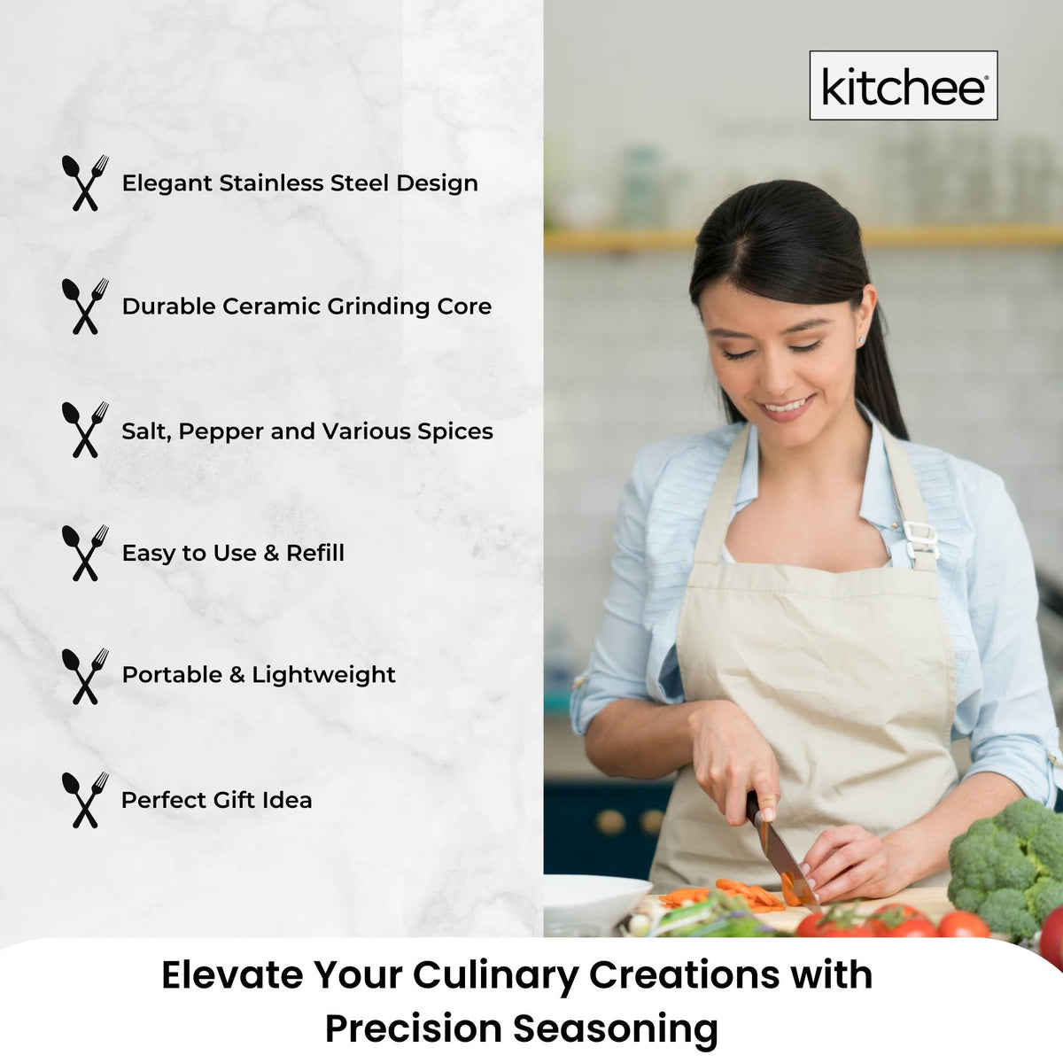 Kitchee Stainless Steel Salt Pepper Spice Grinder Mill - Adjustable Coarseness