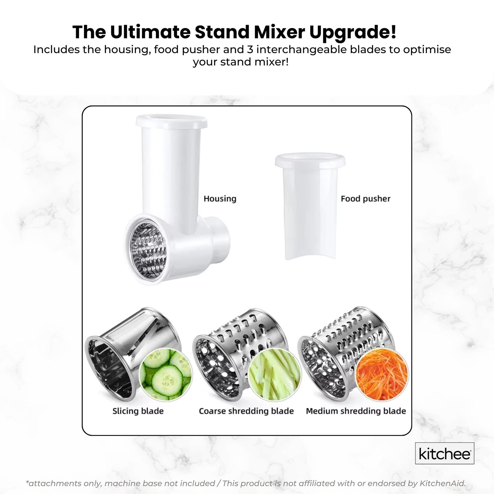 Kitchee Slicer Shredder Grater 3 Attachments - Compatible with KitchenAid Mixer