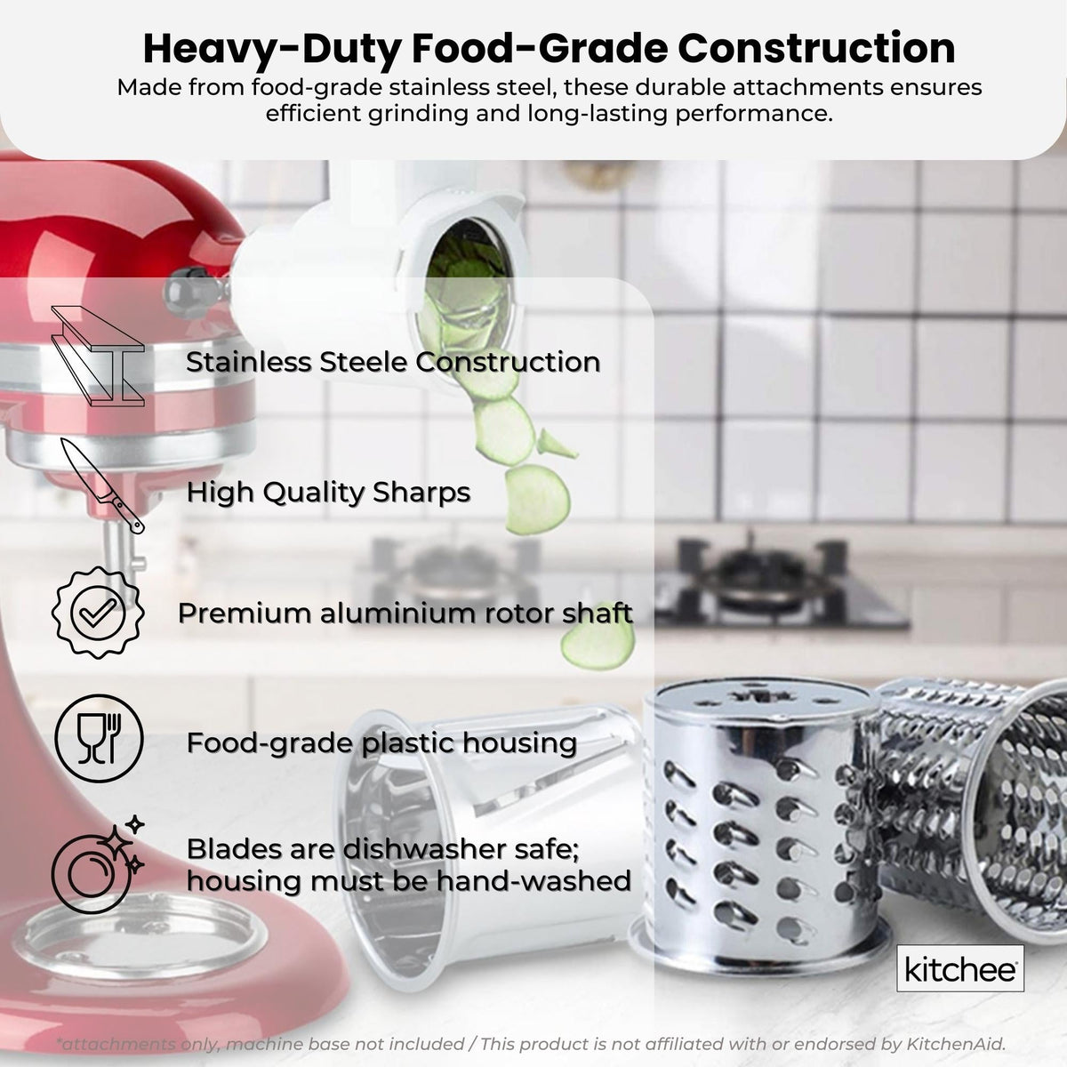 Kitchee Slicer Shredder Grater 3 Attachments - Compatible with KitchenAid Mixer