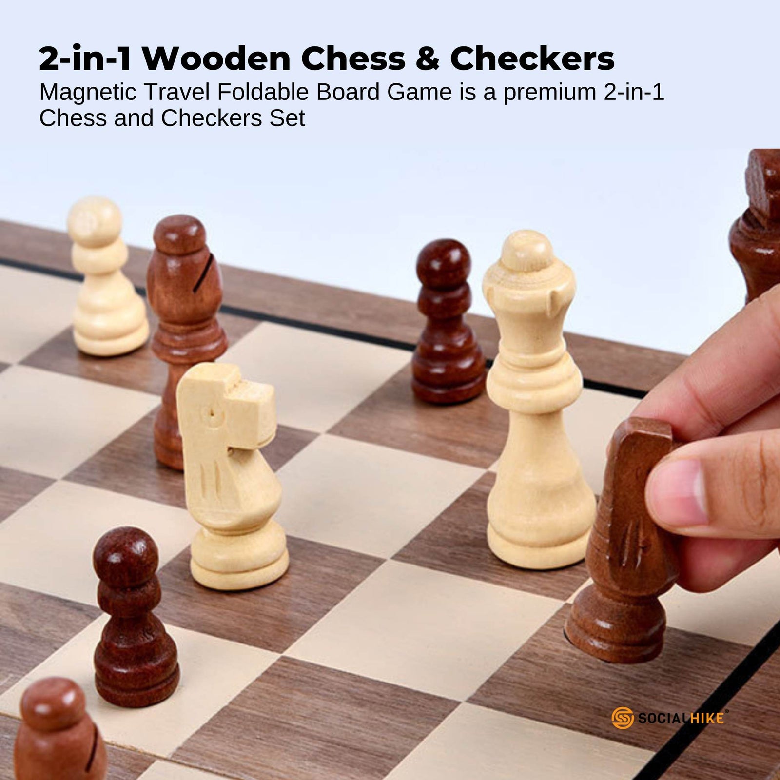 Social Hike Wooden Chess & Checkers 2 in 1 – Magnetic Travel Foldable Board Game
