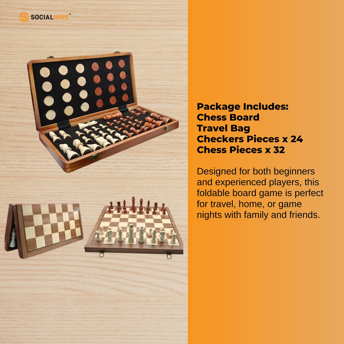 Social Hike Wooden Chess & Checkers 2 in 1 – Magnetic Travel Foldable Board Game