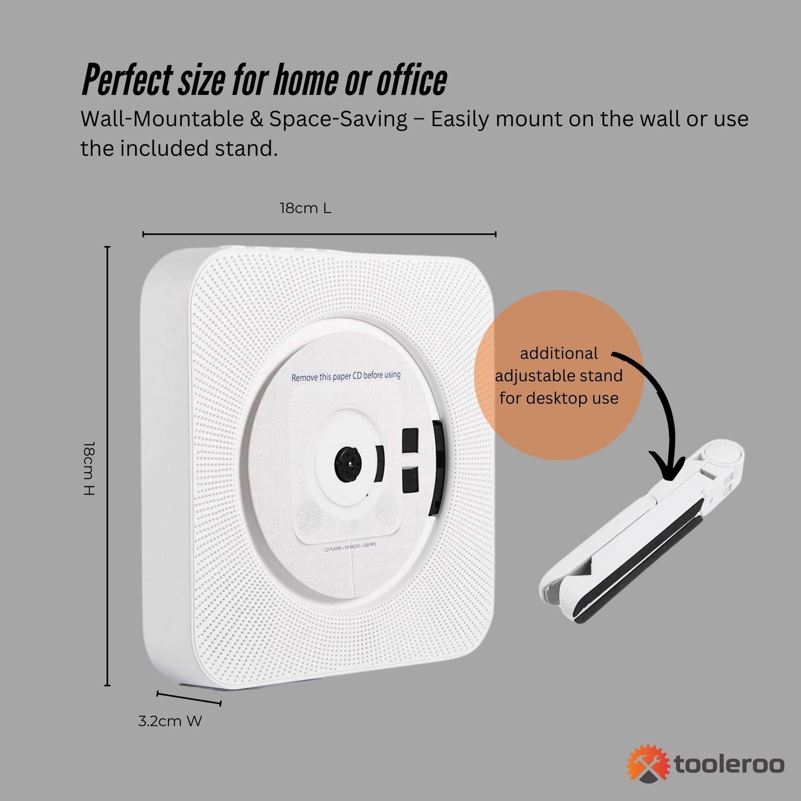 Tooleroo Wall Mountable CD Player Speaker - Bluetooth HiFi FM Radio White