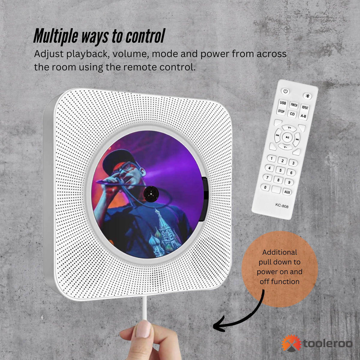 Tooleroo Wall Mountable CD Player Speaker - Bluetooth HiFi FM Radio White