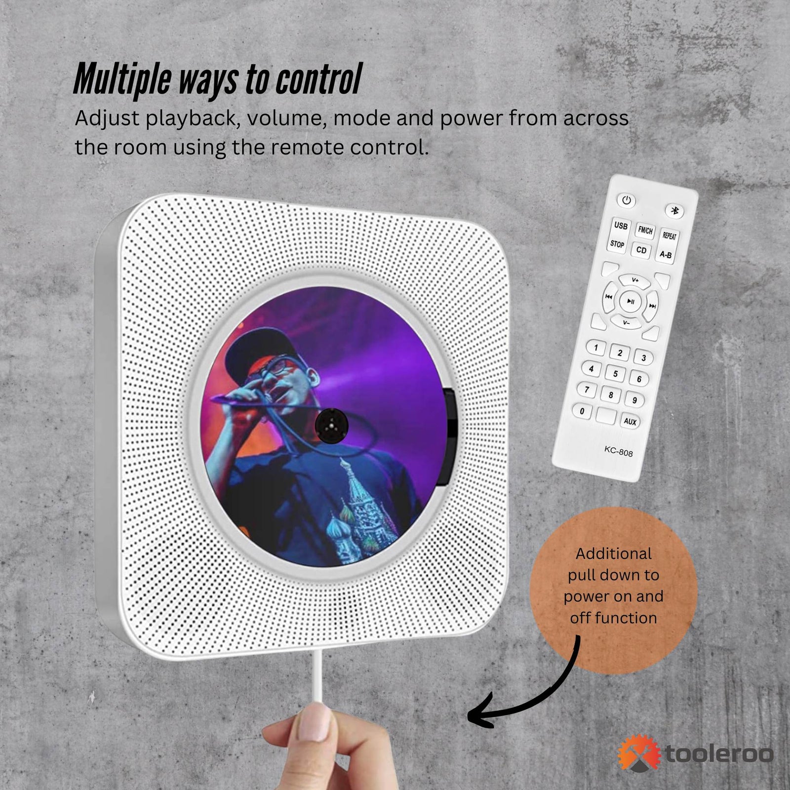 Tooleroo Wall Mountable CD Player Speaker - Bluetooth HiFi FM Radio White