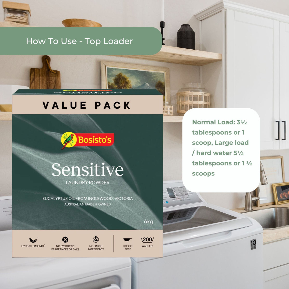 Bosisto's 6Kg Senstive Laundry Powder Refill - Eco Eucalyptus Washing Detergent