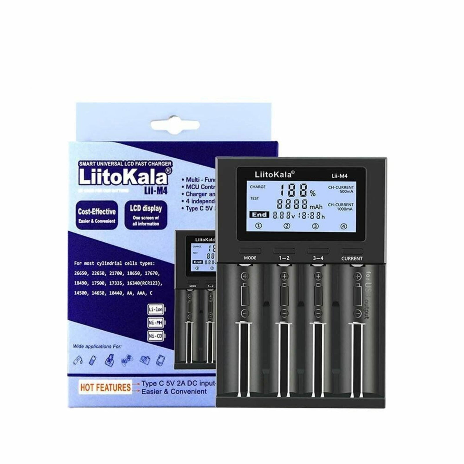 LiitoKala Lii-M4 Smart Battery Charger LCD - 4-Slot USB for 18650 AA AAA Li-ion