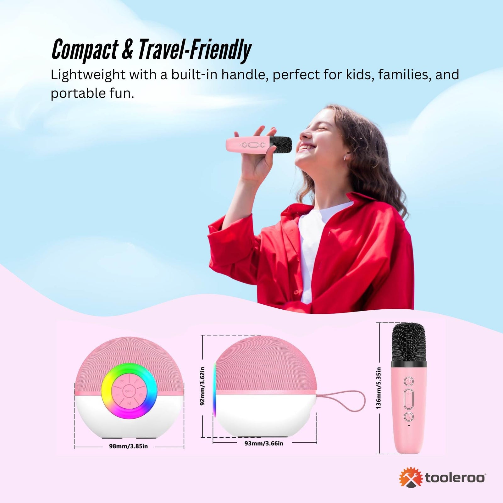 Mini Karaoke Machine and 2x Wireless Microphones Portable Bluetooth Speaker Pink