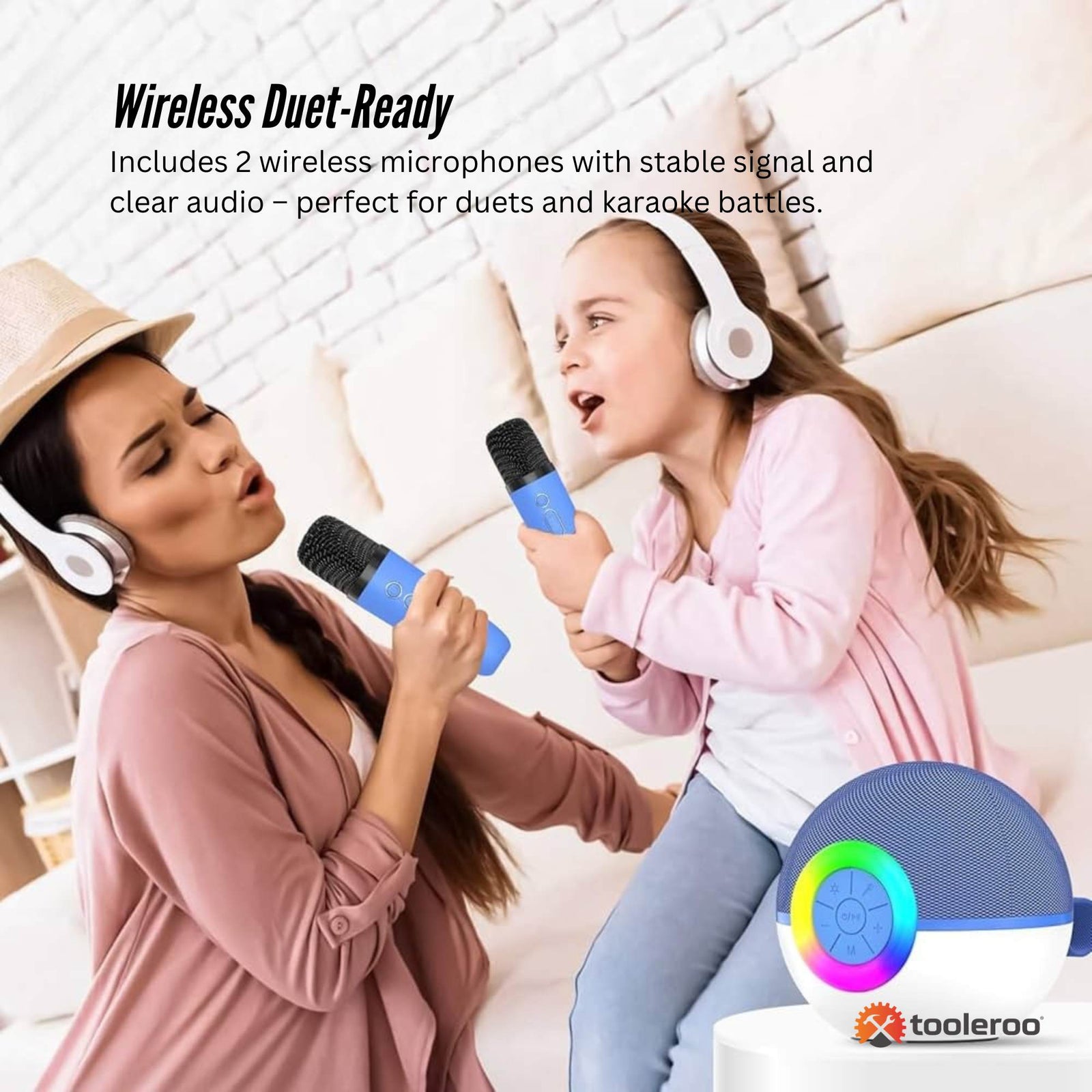 Mini Karaoke Machine and 2x Wireless Microphones Portable Bluetooth Speaker Blue